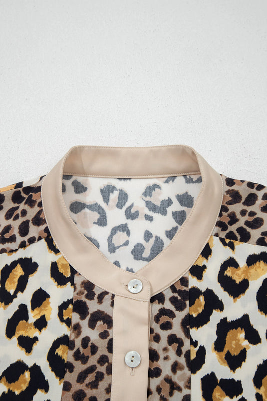 DLLS379- Ladies Khaki Mixed Leopard Patchwork 3/4 Sleeve Loose Shirt