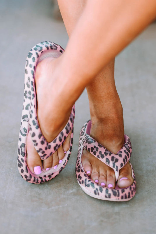 DLLSHOE 23 - Pink Leopard Print Thick Sole Flip Flops