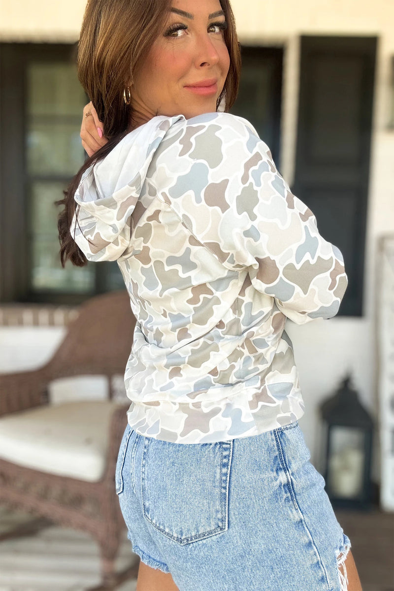 Load image into Gallery viewer, DLLS782 - Ladies Beige Camouflage Print Relaxed Drawstring Hoodie
