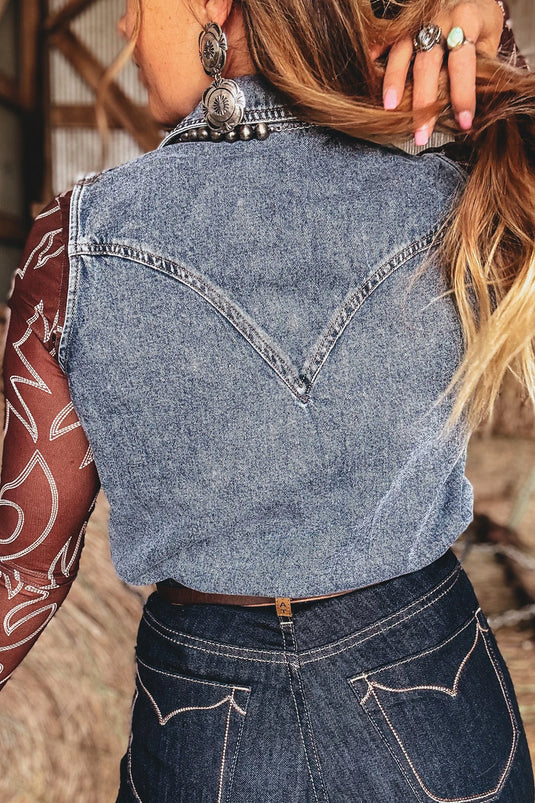 DLLS787 - Ladies Ashleigh Blue Solid Denim Button Front Pocket Sleeveless Cowboy Vest