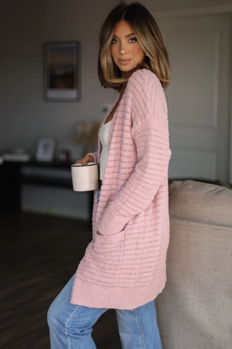 Load image into Gallery viewer, DLLS857 - Ladies Light Pink Open Front Soft Fuzzy Ribbed Sweater Cardigan
