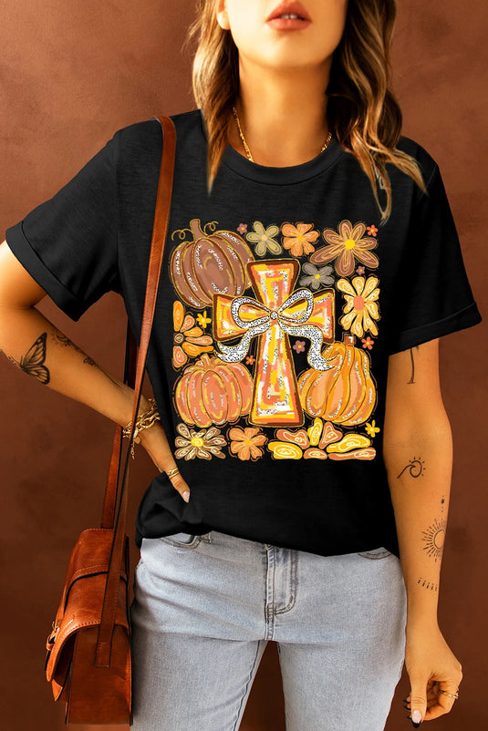 DLLS992 - Ladies Black Thanksgiving Pray Cross Pumpkin Graphic Cotton Blend Tee