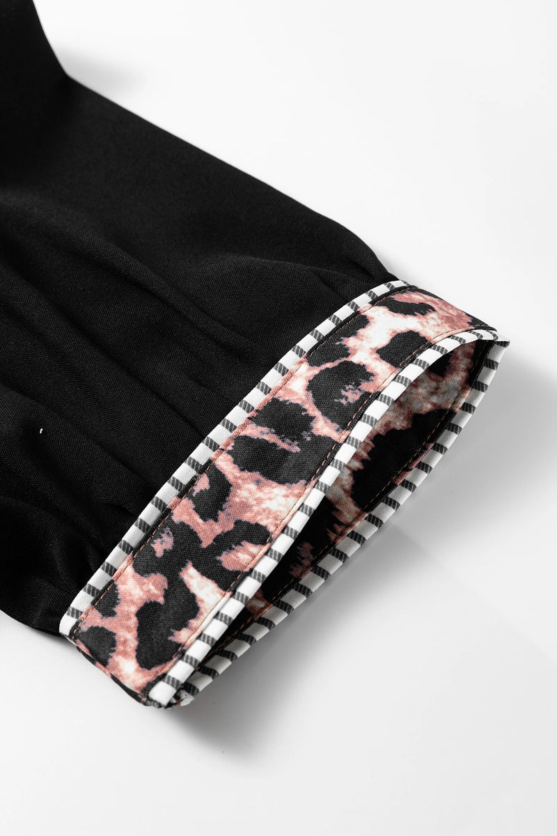 Load image into Gallery viewer, DLLS461 - Ladies Black V Neck Short Puff Sleeve Leopard Trim Button Down Shirt
