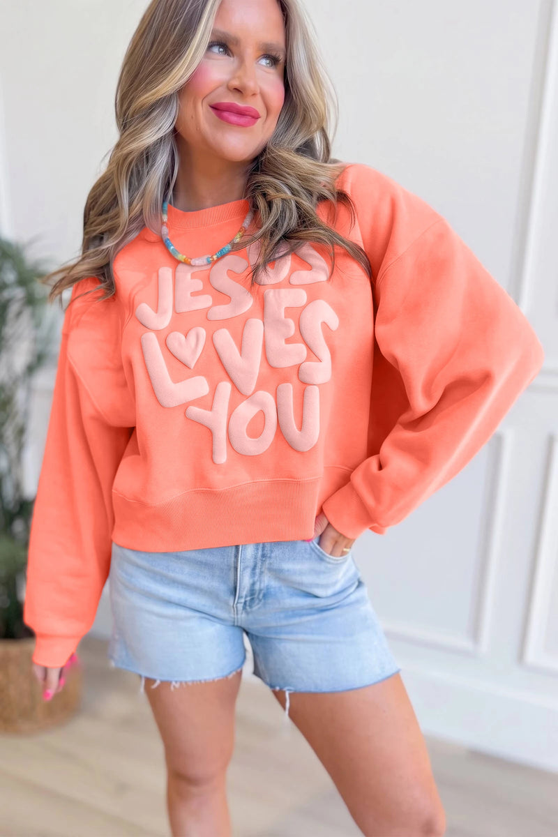 Load image into Gallery viewer, DLLS1057 - Ladies Grapefruit Orange JESUS LOVES YOU Puffy Letter Graphic Sweatshirt
