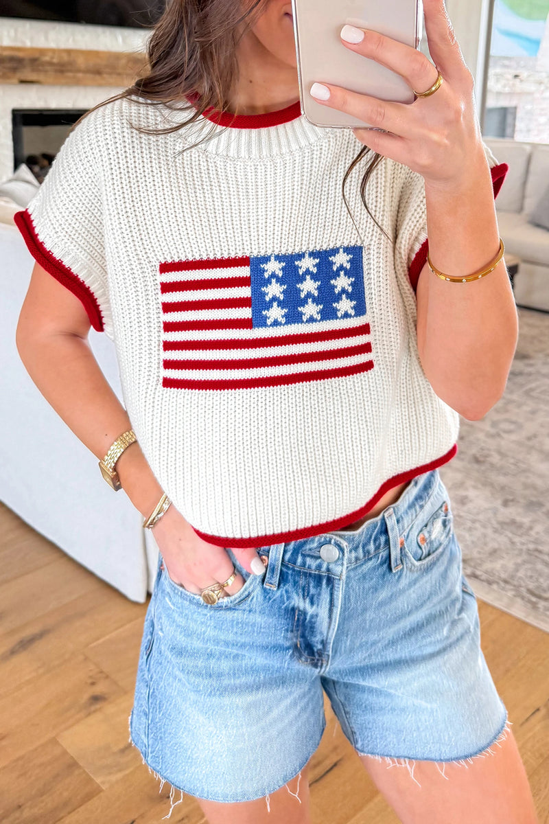 Load image into Gallery viewer, DLLS697 - Ladies White Flag Print Cropped Short Sleeve Sweater

