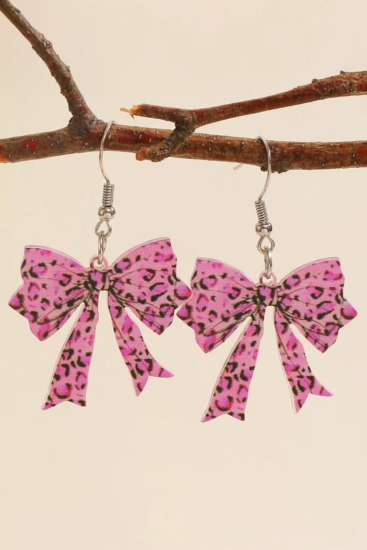 DLLER 25 - Bright Pink Stylish Leopard Printed Bow Stainless Hook Earrings