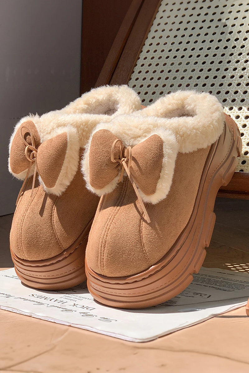 Load image into Gallery viewer, DLLSHOE 131 - Straw Yellow Cozy Faux Fur Lined Bow Decor Clog Slippers

