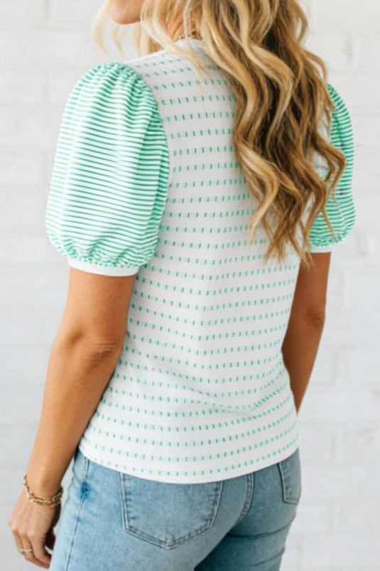 DLLS604 - Ladies Green Striped Short Puff Sleeve Top