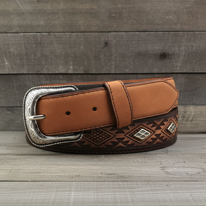 CP1013 - Cowboy Prayer Cowhide Leather Belt w/Aztec Print