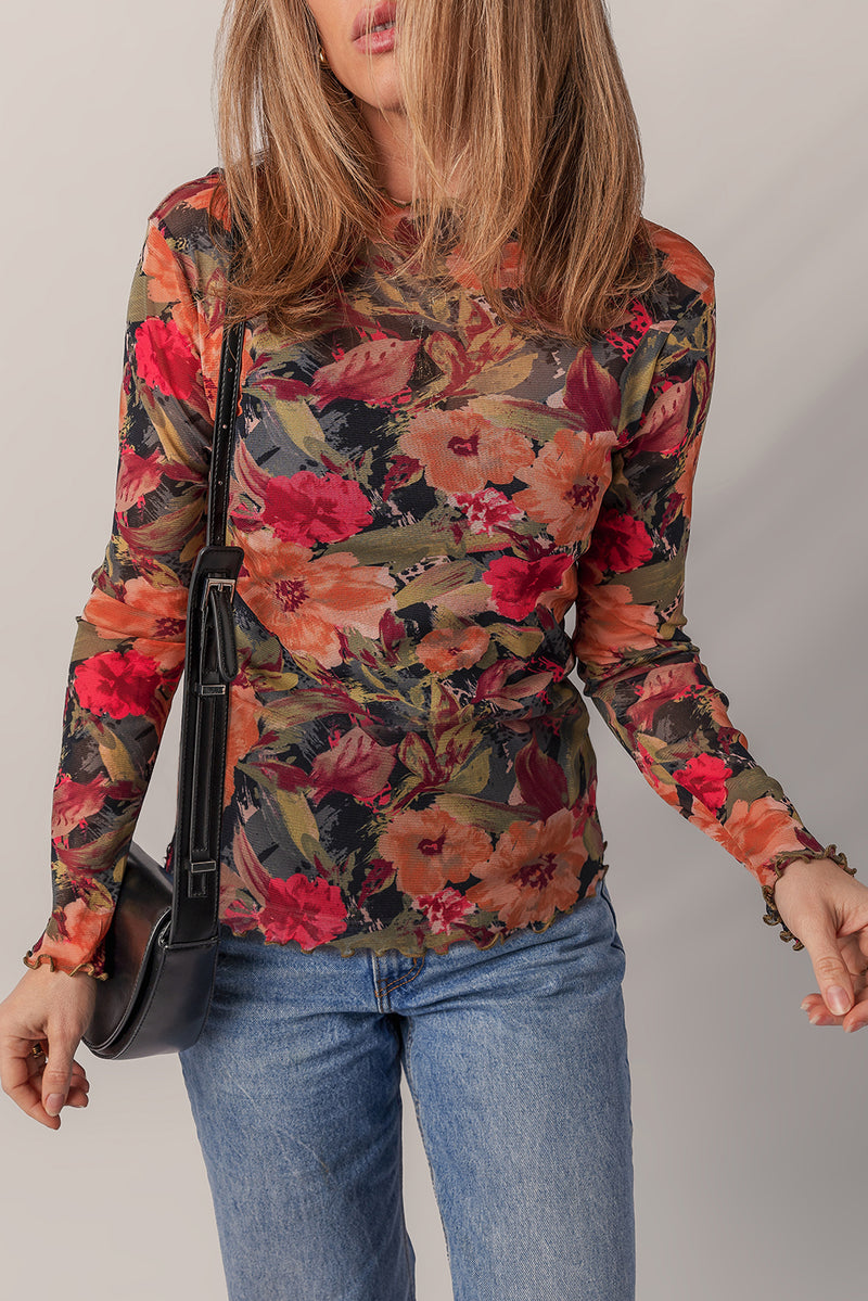 Load image into Gallery viewer, DLLS128 - Ladies Multicolour Floral Print Lettuce Trim Long Sleeve Mesh Top

