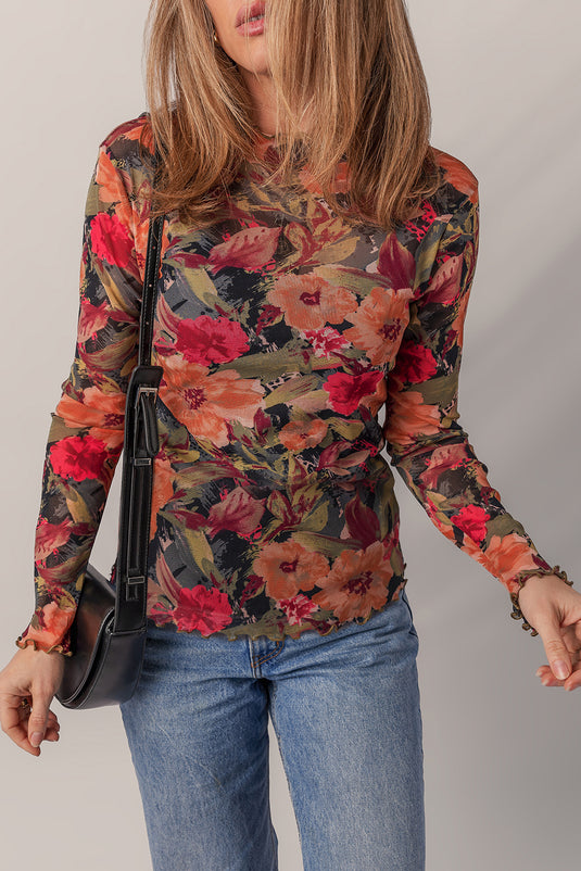 DLLS128 - Ladies Multicolour Floral Print Lettuce Trim Long Sleeve Mesh Top