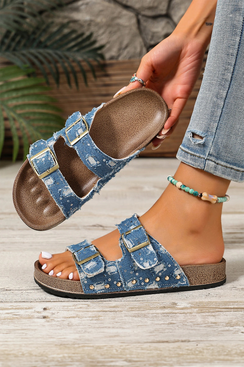 Load image into Gallery viewer, DLLSHOE 188 - Sky Blue Two-Tone Retro Buckle Straps Hollowed Faux Suede Slippers

