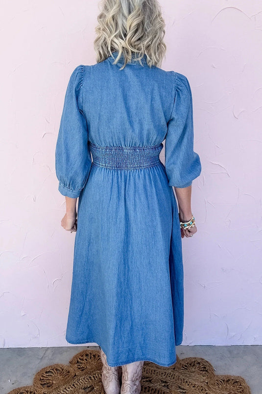 DLLS668 - Ladies Blue Shirred Waist Midi Dress Zip Front Puff Sleeve Casual Shift Denim Dress