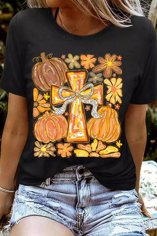 DLLS992 - Ladies Black Thanksgiving Pray Cross Pumpkin Graphic Cotton Blend Tee