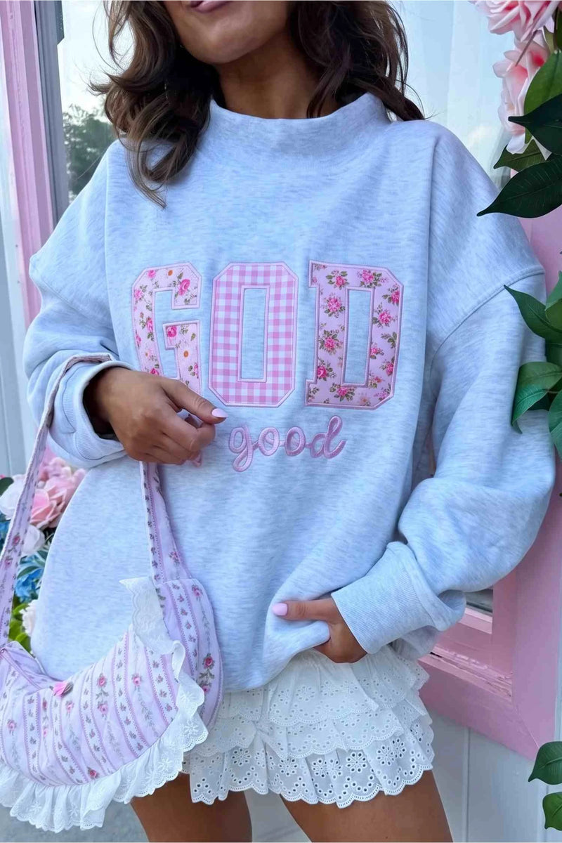 Load image into Gallery viewer, DLLS867 - Ladies Light Grey GOD IS GOOD Letter Print Crewneck Pullover Sweatshirt
