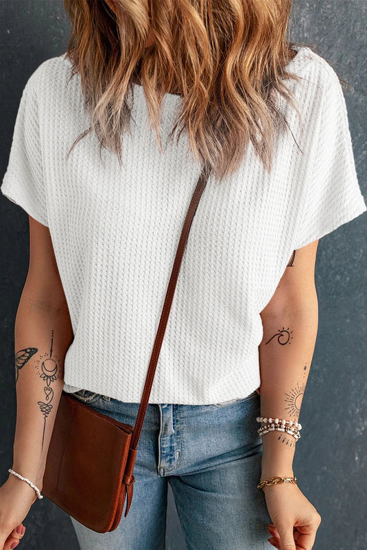 DLLS450 - Ladies White Waffle Knit Boat Neck Short Sleeve Top