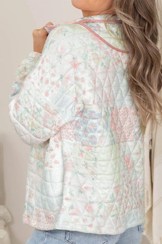 DLLS860 - Ladies Multicolour Floral Quilted Metal Zipper Collar Long Sleeve Sweatshirt