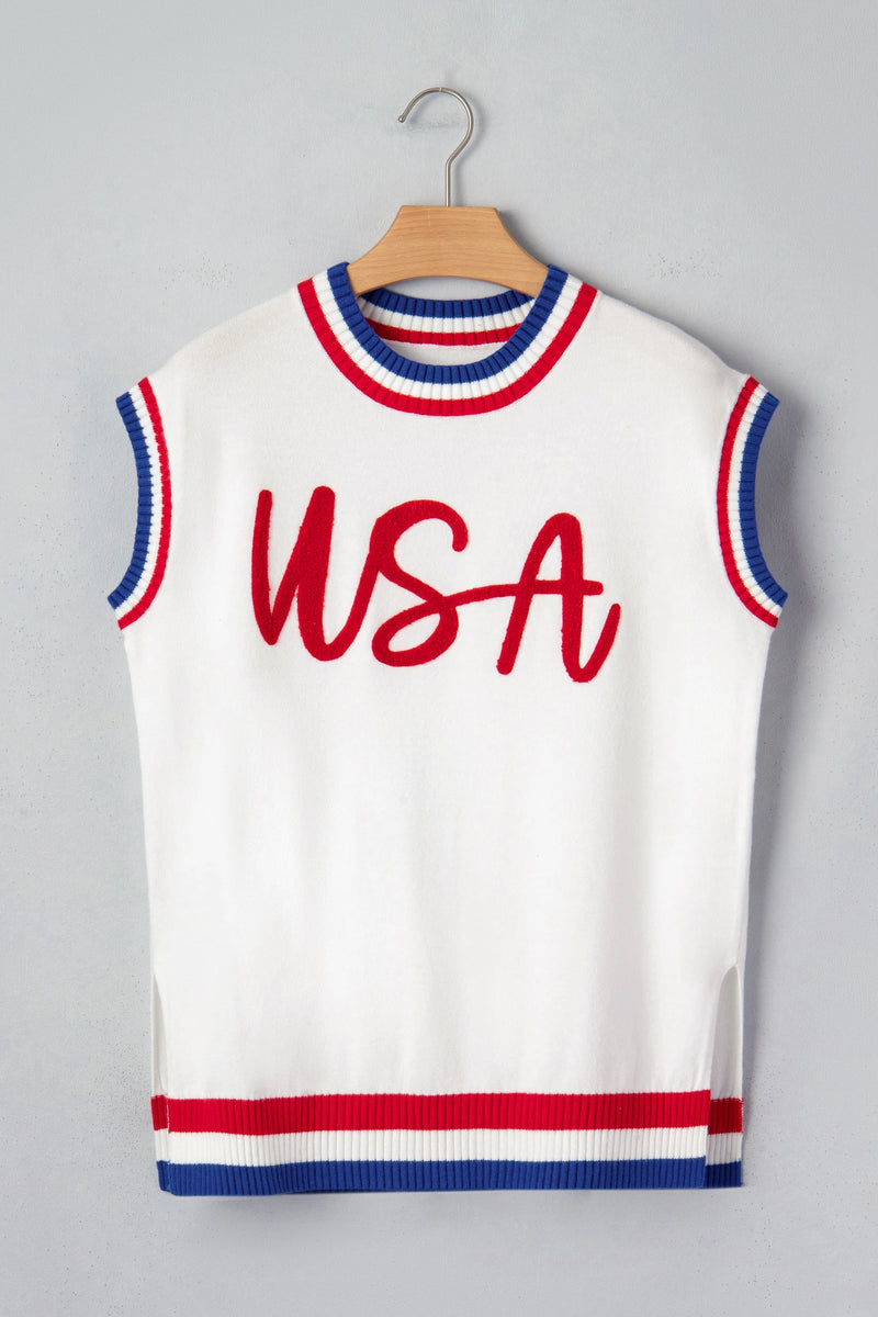 Load image into Gallery viewer, DLLS636 - Ladies White USA Contrast Striped Trim Round Neck Short Sleeve Sweater

