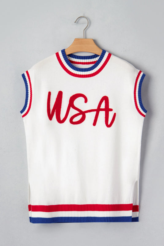 DLLS636 - Ladies White USA Contrast Striped Trim Round Neck Short Sleeve Sweater