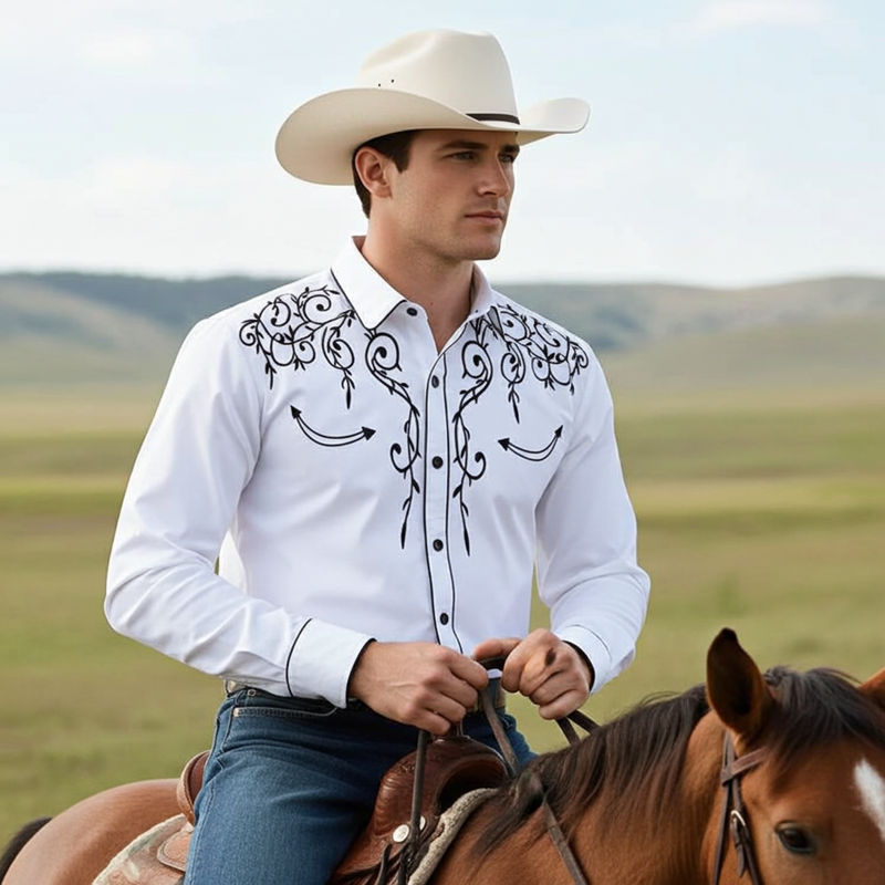 Load image into Gallery viewer, NIHMEN 1 - Men&#39;s White Embroidered Western Shirt
