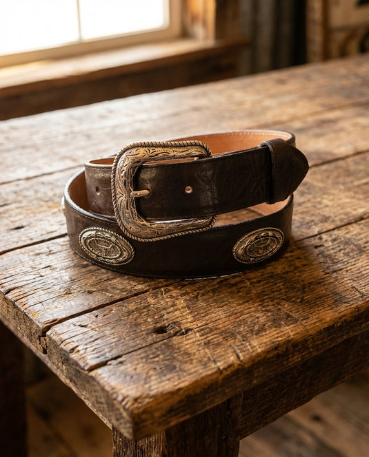 B19b - RockinLeather Bull Choco Belt with Conchos