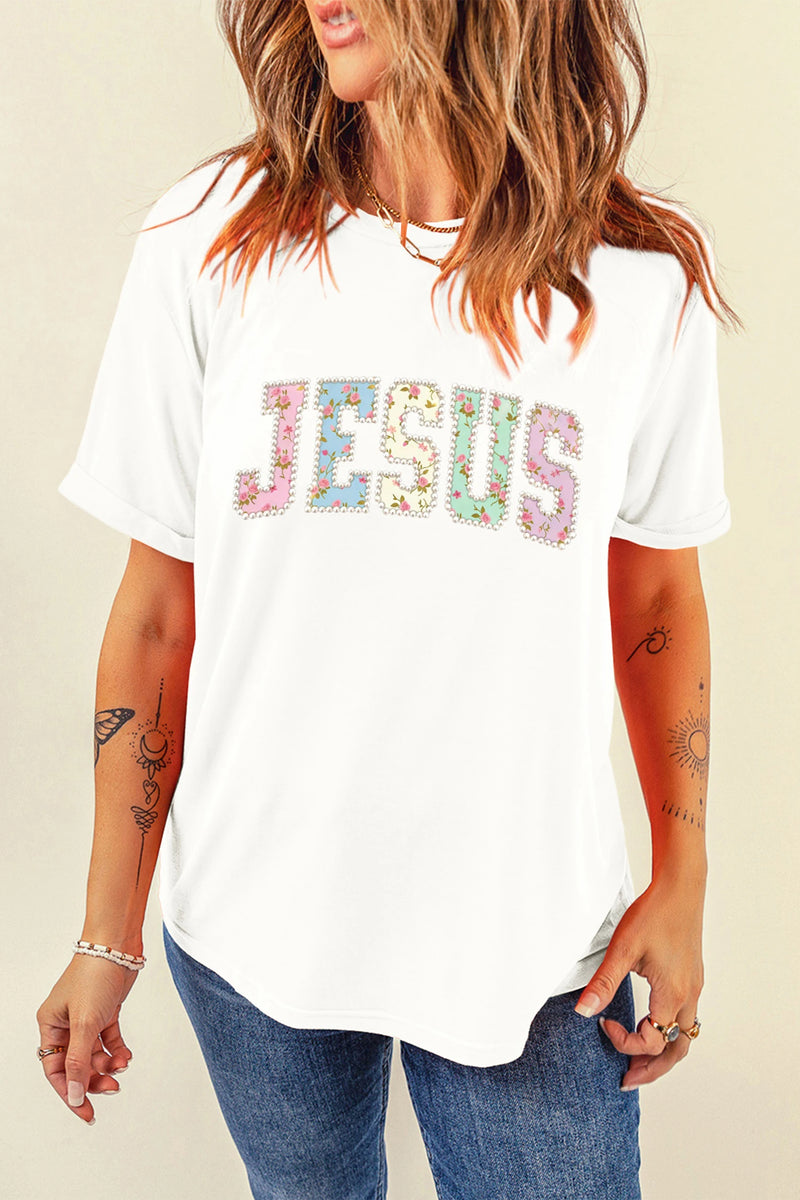 Load image into Gallery viewer, DLLS471 - Ladies White JESUS Floral Pearl Printed Letter Graphic Tee
