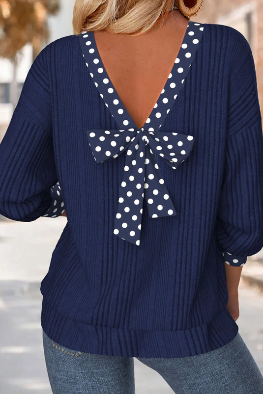DLLS534 - Ladies Dirty Blue Polka Dot Trimmed V Neck Bow Tie Textured Ribbed Top