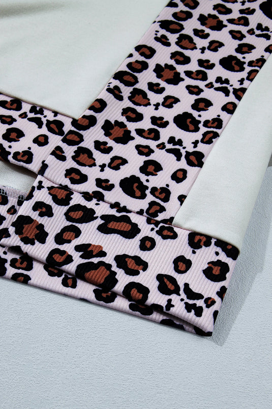 DLLS587 - Ladies White Ribbed Leopard Patchwork Uneven Hem T Shirt