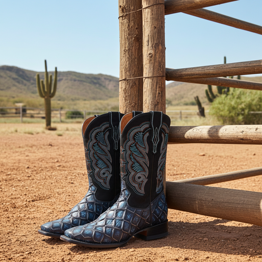 CP1707 - Cowboy Prayer Hand Crafted Blue Pirarucu Print Cowboy Boots