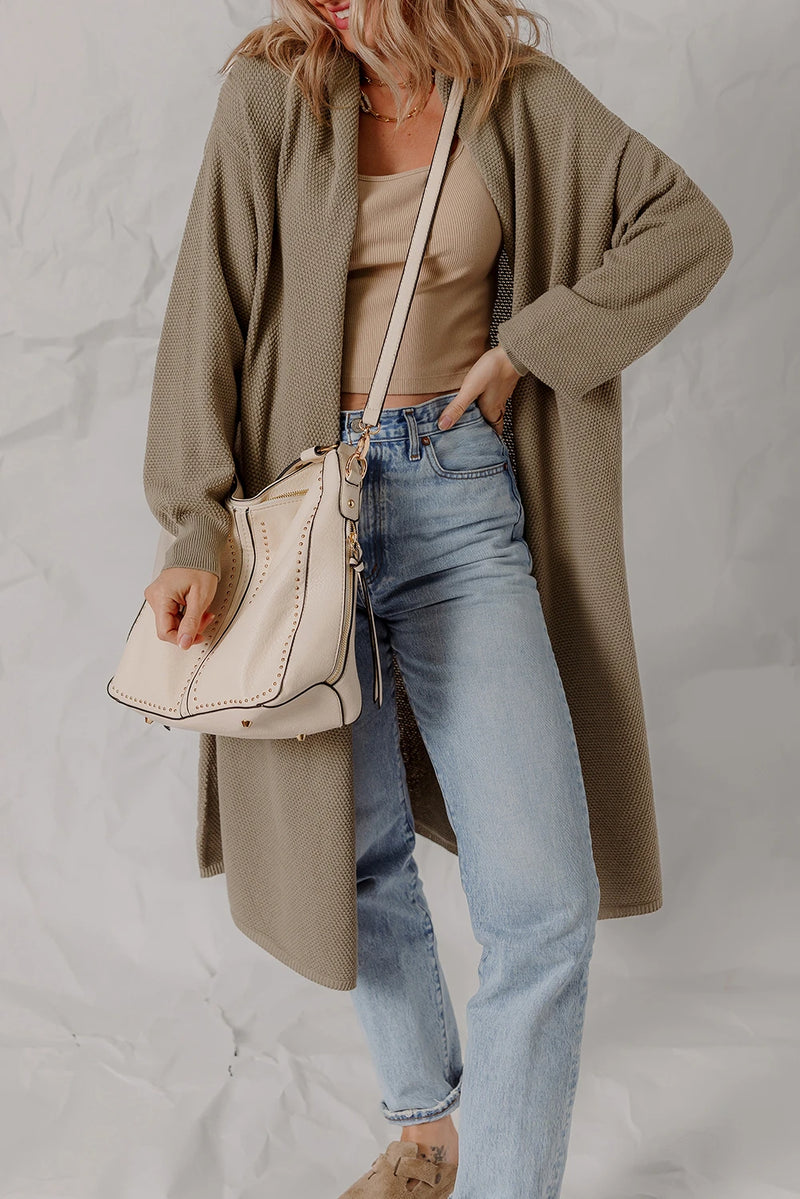 Load image into Gallery viewer, DLLS219 - Ladies DUNE Solid Color Textured Knit Open Front Oversize Midi Sweater Cardigan

