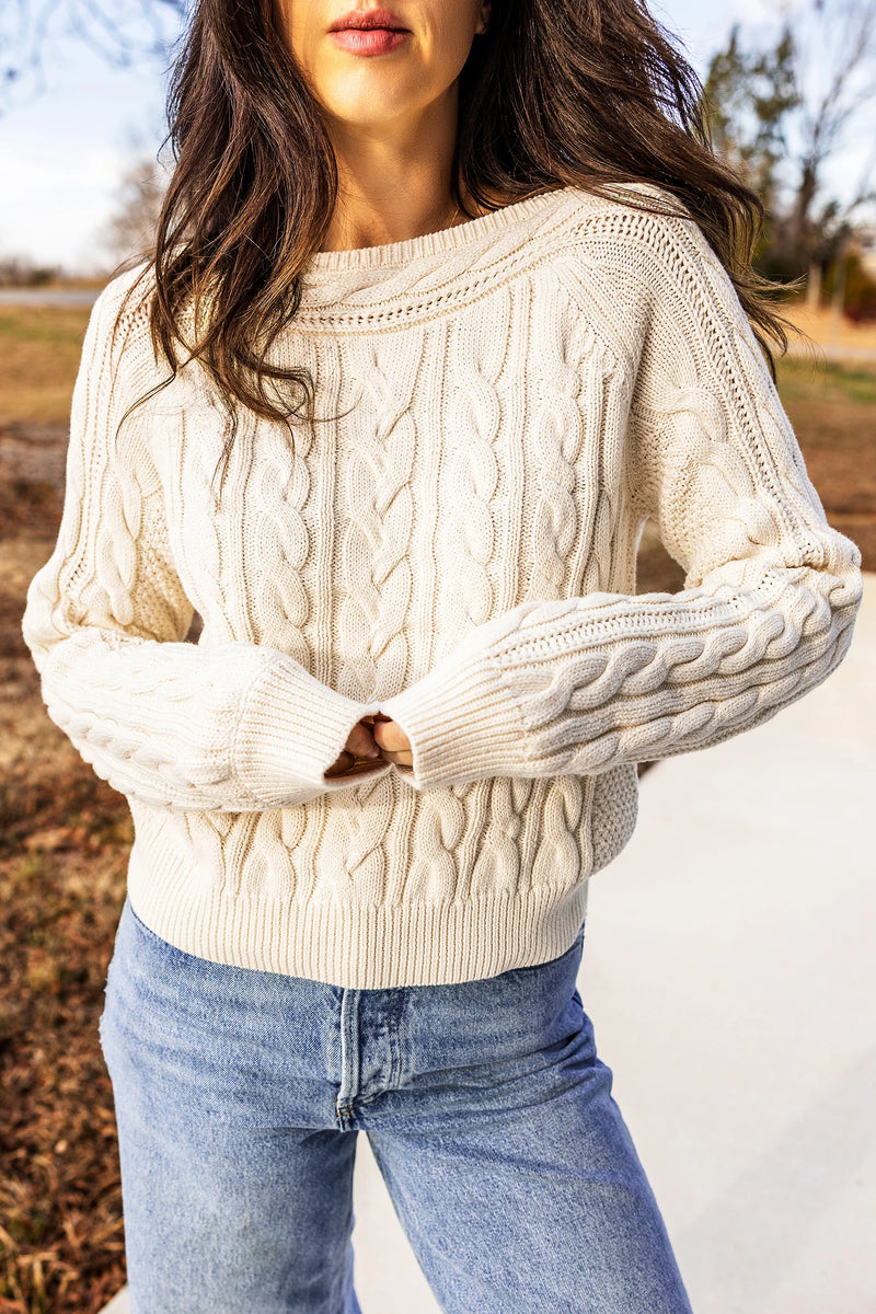 Load image into Gallery viewer, DLLS1146 - Ladies Beige Drop Shoulder Round Neck Cable Knit Sweater

