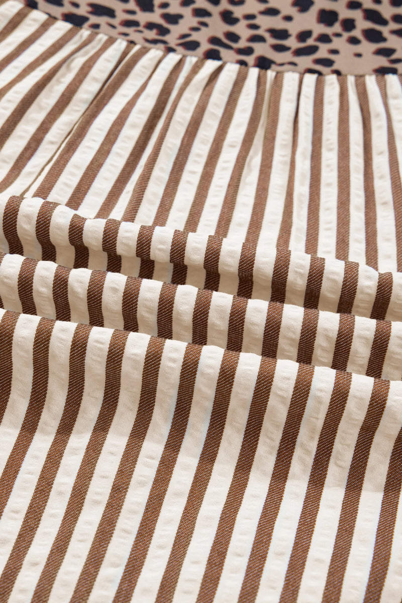 Load image into Gallery viewer, DLLS399 - Ladies Brown Stripe Leopard Trim V Neck Button Down Half Sleeve Shirt
