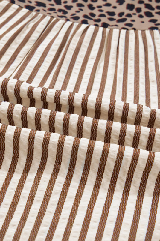 DLLS399 - Ladies Brown Stripe Leopard Trim V Neck Button Down Half Sleeve Shirt