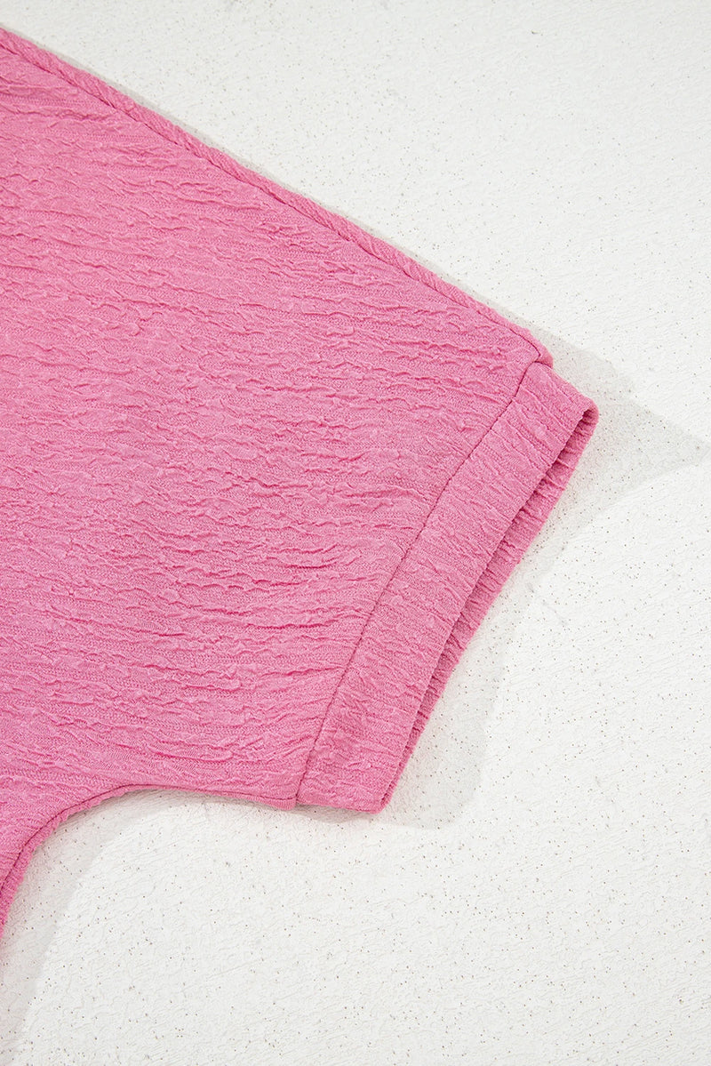 Load image into Gallery viewer, DLLS423 - Ladies Pink Textured V Neck T Shirt and Shorts Set
