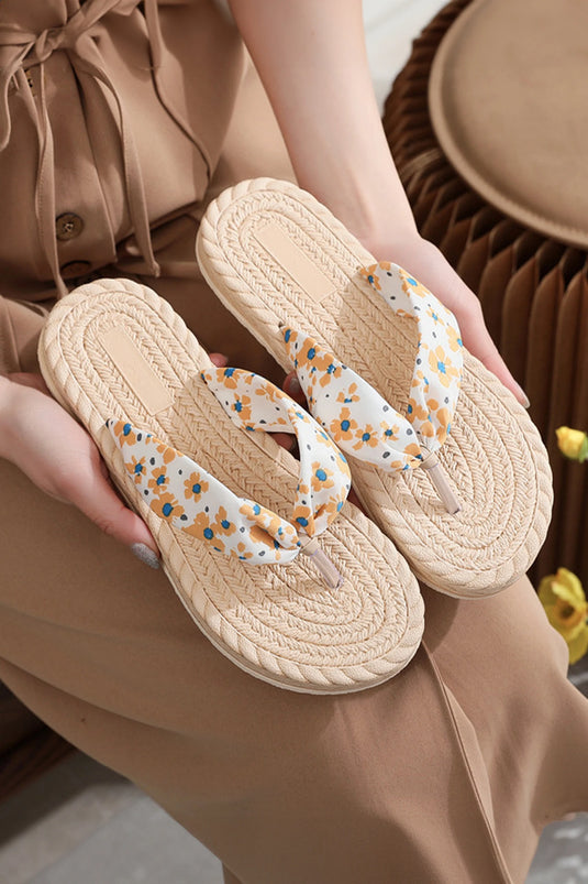 DLLSHOE 104 - Yellow Cream Soft EVA Woven Floral Straps Beach Vacation Slippers