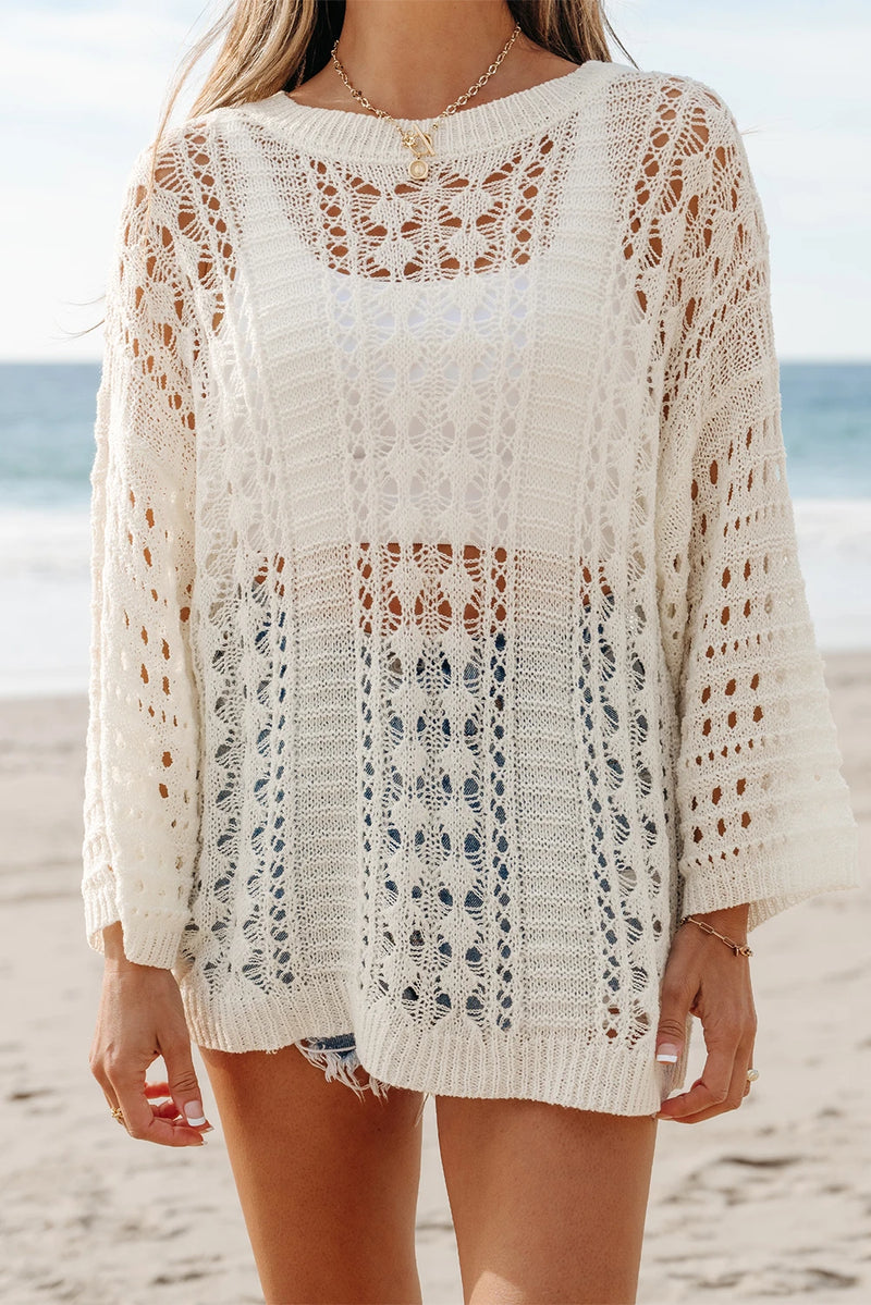 Load image into Gallery viewer, DLLS446 - Ladies White Hollow Out Knit Bracelet Sleeve Drop Shoulder Sweater
