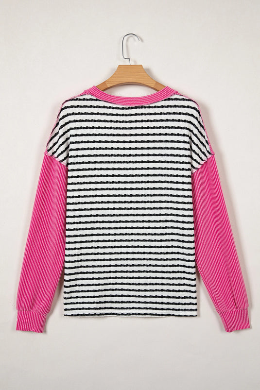 DLLS424 - Ladies Black Stripe Textured Knit Twisted Rib Contrast Patchwork V Neck Long Sleeve Top