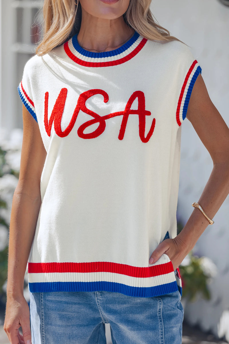 Load image into Gallery viewer, DLLS636 - Ladies White USA Contrast Striped Trim Round Neck Short Sleeve Sweater

