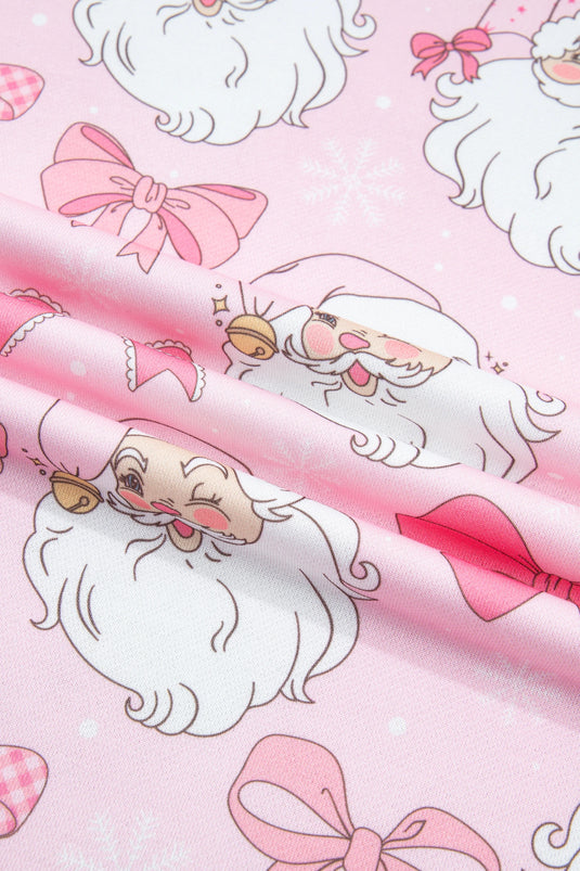 DLLS947 - Ladies Pink Abstract Santa Print Drop Shoulder High Neck Sweatshirt