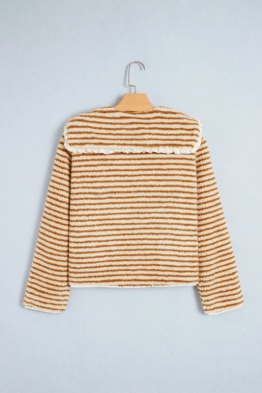 DLLS1023 - Ladies Brown Stripe Striped Fleece Button Front Long Sleeve Regular Fit Jacket
