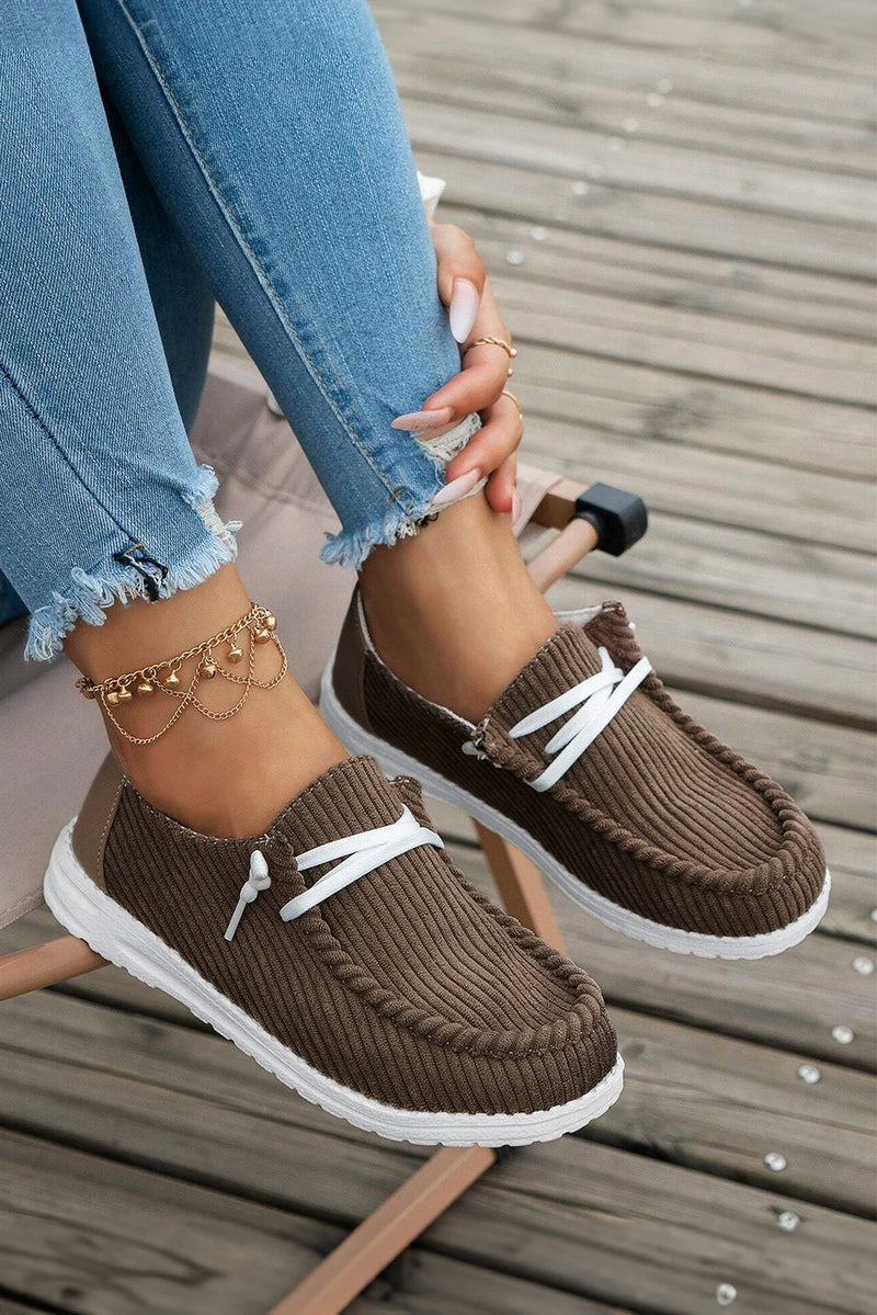 Load image into Gallery viewer, DLLSHOE 43  - Coffee Solid Ribbed Criss Cross Slip On Casual Shoes
