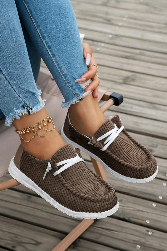 DLLSHOE 43  - Coffee Solid Ribbed Criss Cross Slip On Casual Shoes