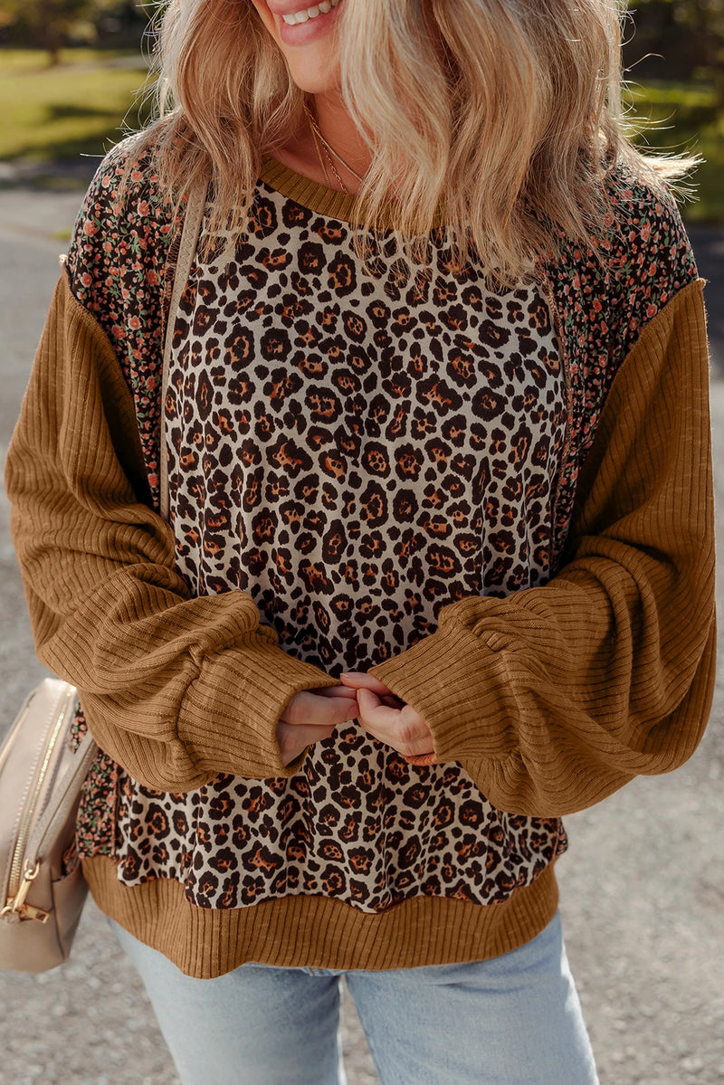 Load image into Gallery viewer, DLLS195 - Ladies Brown Leopard Floral Print Ribbed Puff Sleeve Patchwork Loose Pullover
