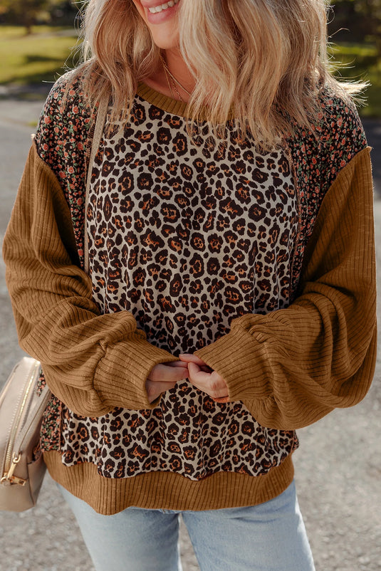 DLLS195 - Ladies Brown Leopard Floral Print Ribbed Puff Sleeve Patchwork Loose Pullover