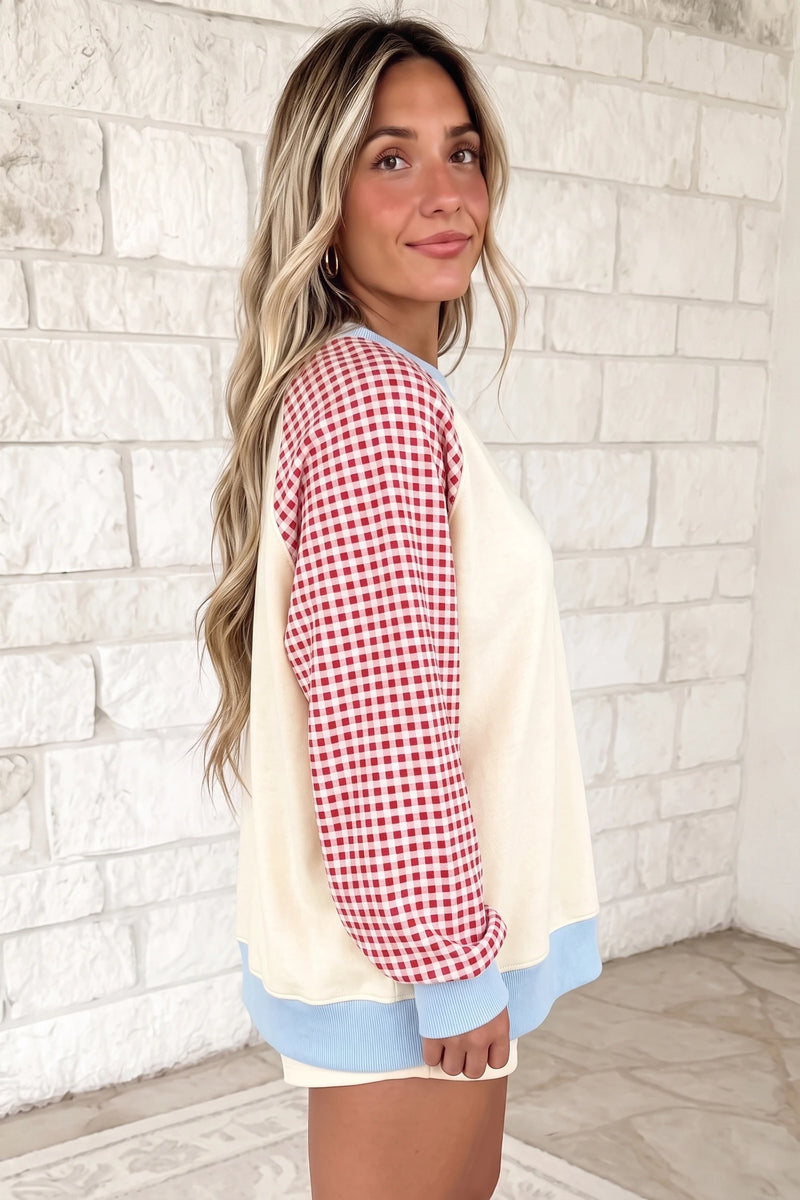 Load image into Gallery viewer, DLLS872 - Ladies Beige Plaid Sleeve Colorblock Raglan Pullover Sweatshirt
