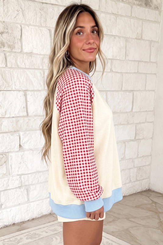 DLLS872 - Ladies Beige Plaid Sleeve Colorblock Raglan Pullover Sweatshirt