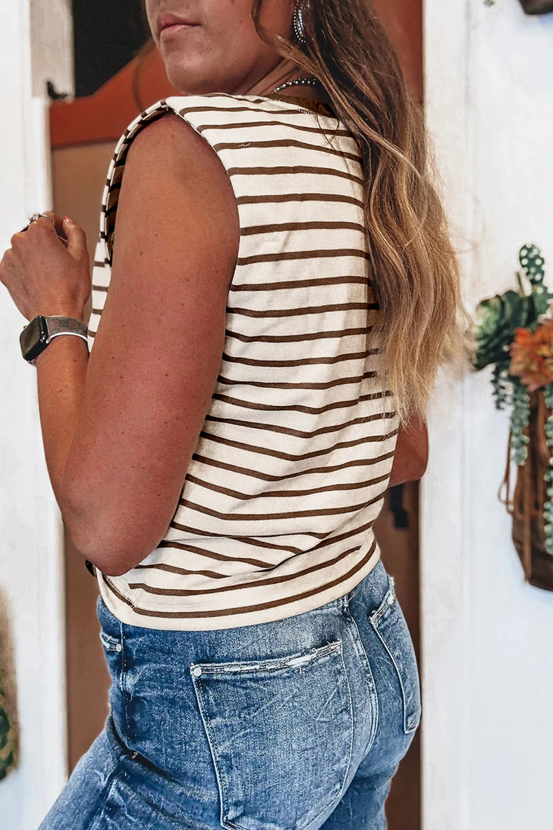 Load image into Gallery viewer, DLLS448 - Ladies Brown Stripe Ribbed Round Neck Trim Loose Tank Top
