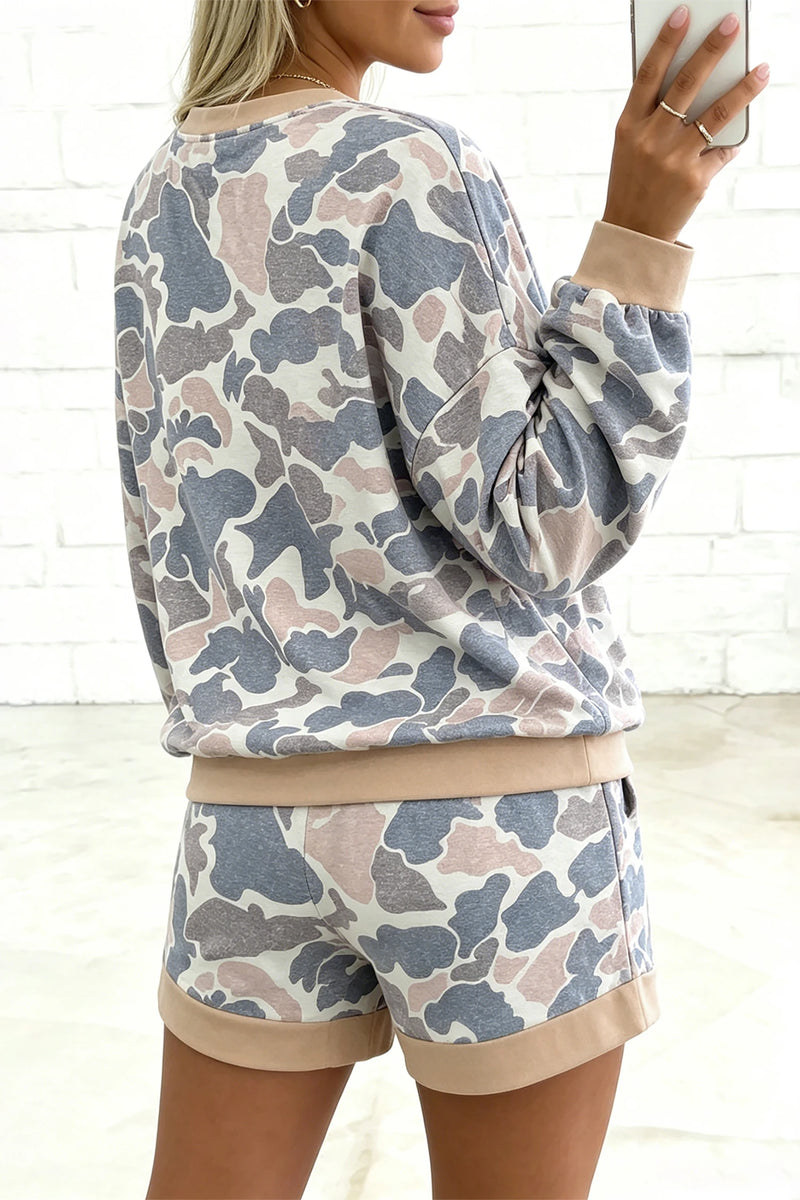 Load image into Gallery viewer, DLLS863 - Ladies Camouflage Patchwork Colorblock 2pc Long Sleeve Top and Shorts Set
