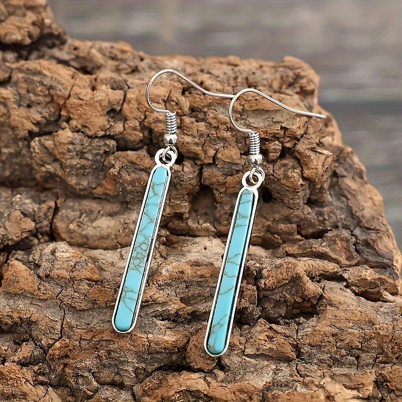 Load image into Gallery viewer, TMER49 - Medium Drop Syn. Turq. Inlaid Earrings

