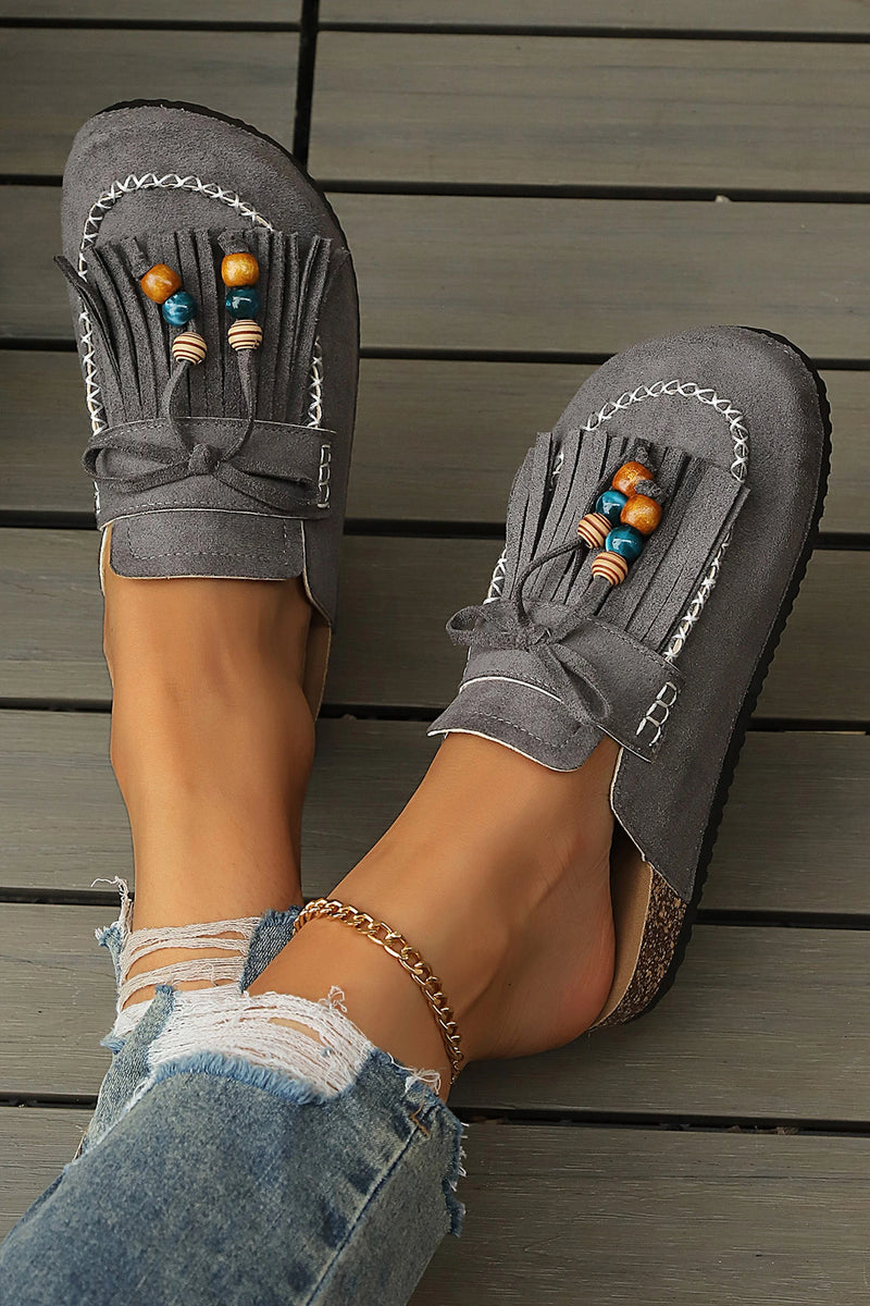 Load image into Gallery viewer, DLLSHOE 172 - Grey Boho Fringed Suede Slip-on Loafers Square Toe Casual Slippers
